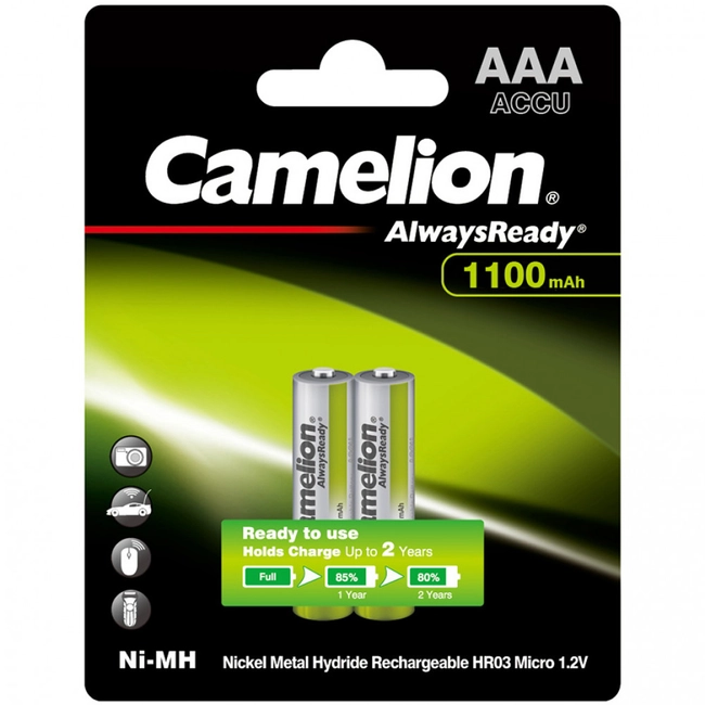 Батарейка CAMELION Аккумулятор AlwaysReady Ni-MH Rechargeable  AAA 1.2V 1100 mAh 2 шт. NH-AAA1100ARBP2
